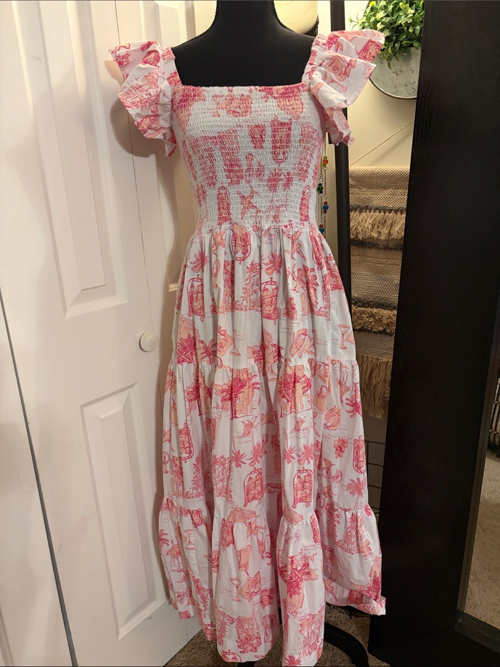 Pink Toile Flutter Sleeve Smocked Cotton Midi Dress
